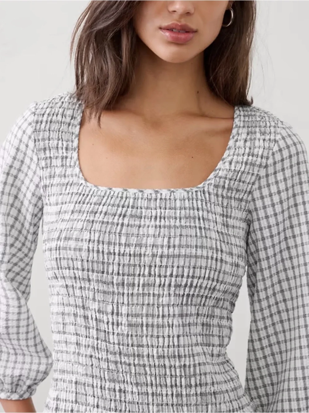 Banana Republic Black and White Gingham Smocked Square-Neck Blouse